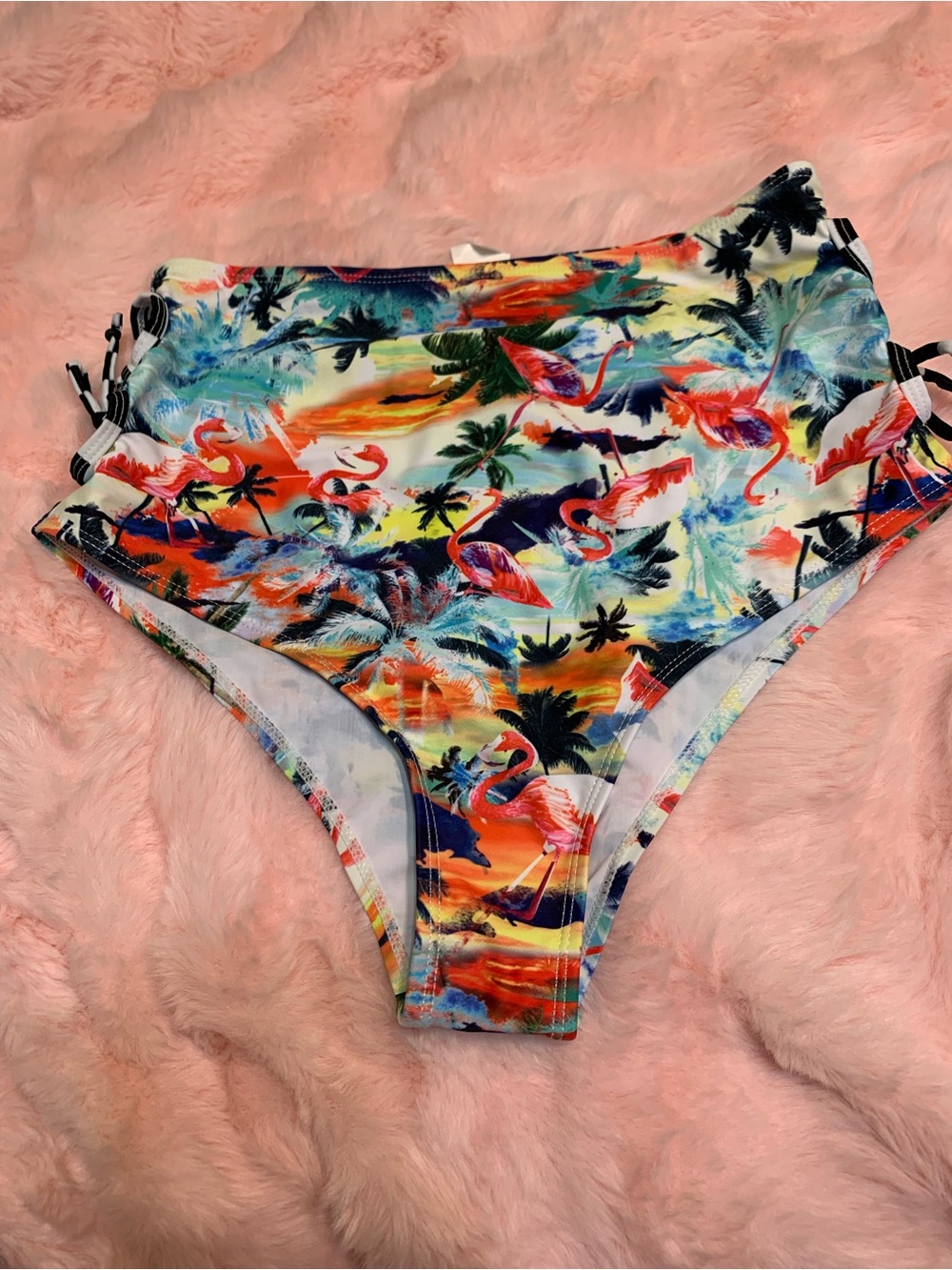 Women’s High-Waist Swim Bottoms in Tropical Flamingo Print